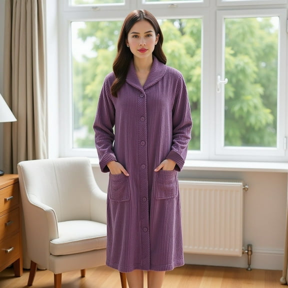 Loungees Women’s Plush Fleece Robe - Mid-Length Cozy Button-Front Bathrobe with Shawl Collar, Soft Coral Fleece, Lightweight Robe for Women