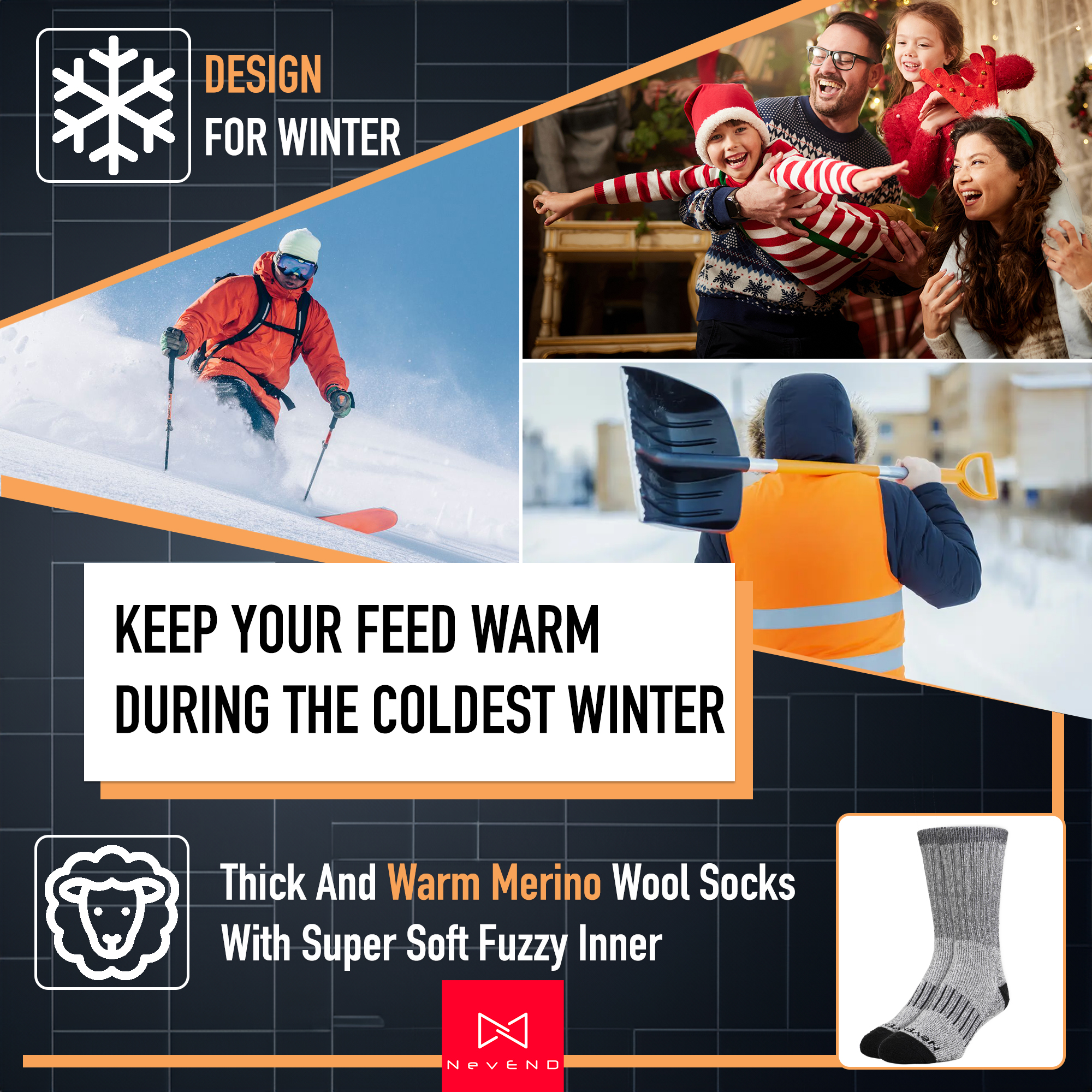NevEND Men's Merino Wool Thermal Crew Socks, 3-Pair photo 6