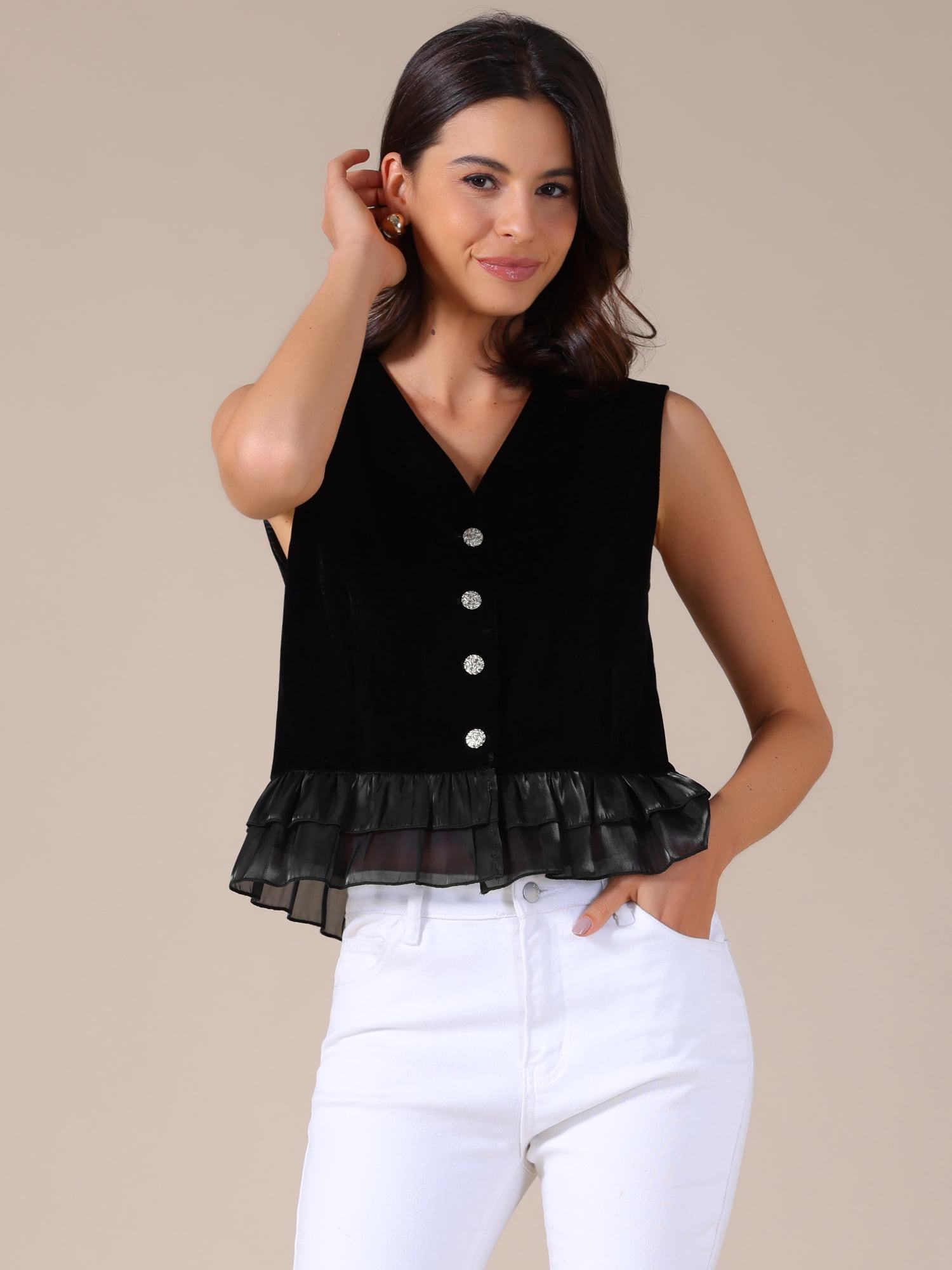 DARING DIVA Women's Vintage Mesh Hem Sleeveless Button Down Velvet Vest S Black