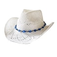 thumbnail image 5 of Tnobhg Summer Straw Hat Hollow Out Foldable Adjustable Bead Decor Curled Edge Windproof Strap Western Cowboy Style Solid Color Outdoor Cap, 5 of 8