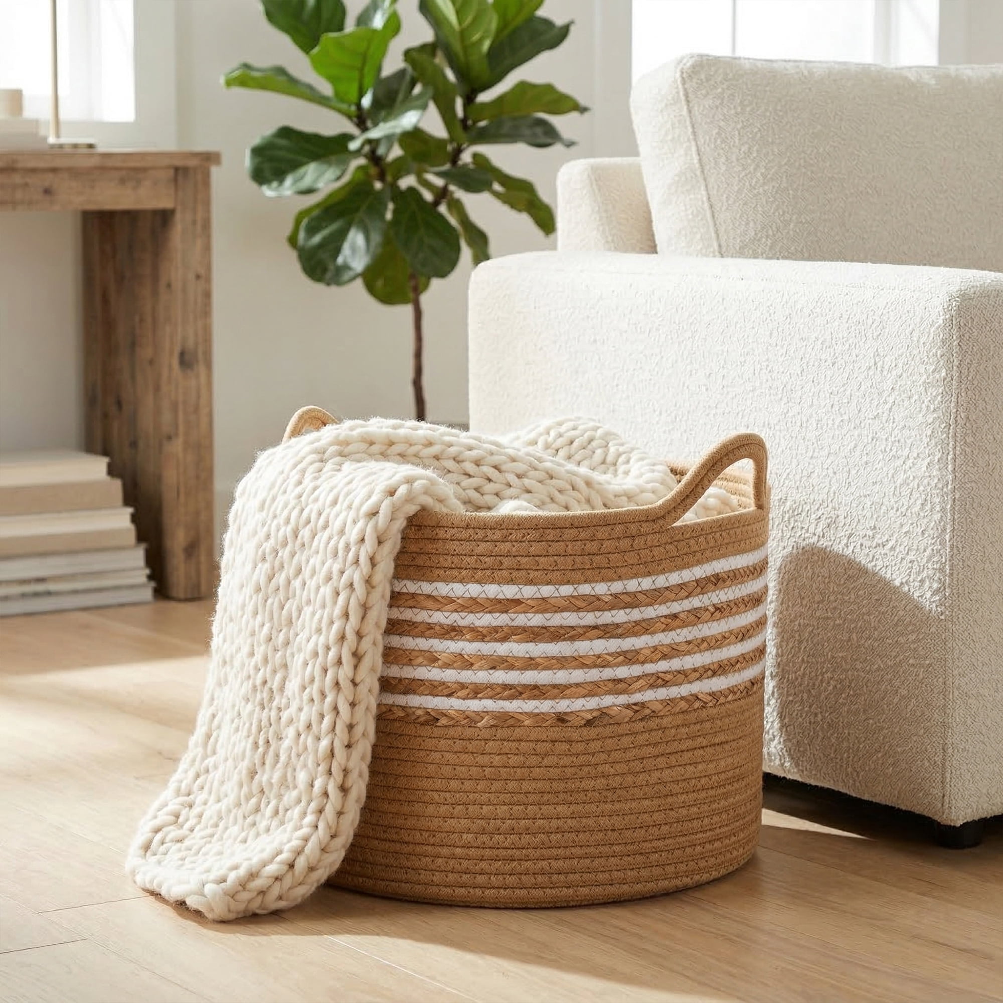 Unique Bargains Multiple Use Woven Storage Bin for Home Light Brown 15.7*15.7*11.8in
