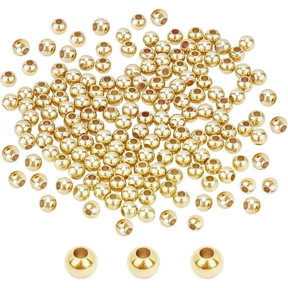 300pcs 4mm 14K Gold Beads Mini Round Jewelry Beads Waist Beads Loose Beads Smooth Metal Brass Bead Ball for Friendship Bracelet Bikini Belly Chain Beach Layered Satellite Jewelry Making