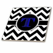 3dRose Black and white chevron monogram blue initial T - Ceramic Tile, 4-inch