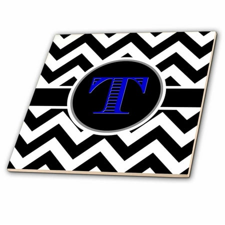 3dRose Black and white chevron monogram blue initial T - Ceramic Tile, 4-inch