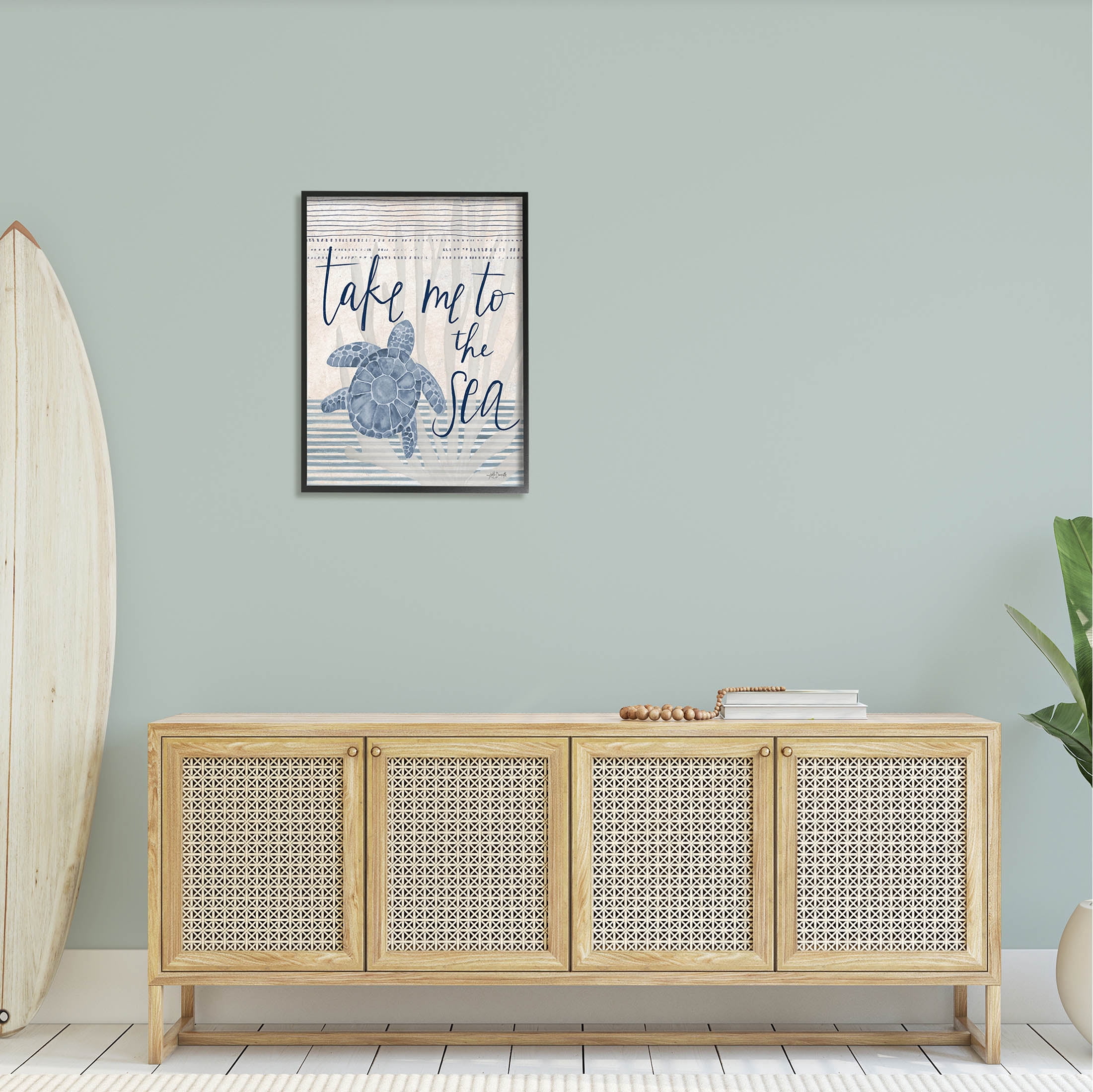 Stupell Industries Take Me To Sea Patterned Turtle Stripes Graphic Art Black Framed Art Print Wall Art, Design by Katie Doucette
