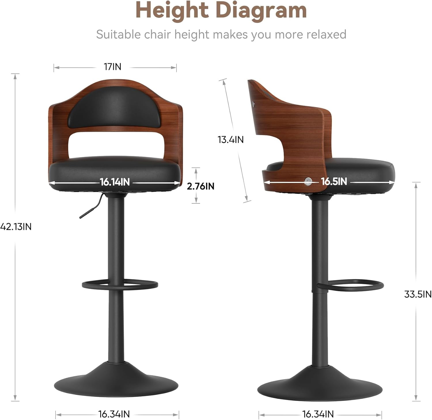 Hawsaiy Wooden Bar Stools Set of 2, Adjustable Height 24.5-33.5IN, Wooden Bar Chairs with PU Leather Upholstery, Back & Footrest for Kitchen, Dining, and Home Bar