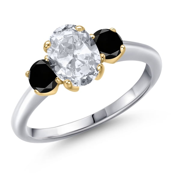 Gem Stone King 10K Two Tone Gold White Topaz and Black Diamond Engagement Ring for Women | 2.04 Cttw | Oval 8X6MM | Gemstone November Birthstone | Size 6