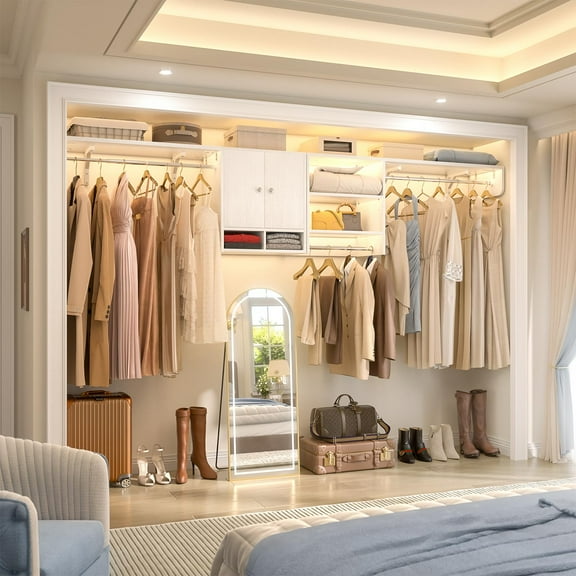 Aheaplus Wood Over Washer and Dryer Storage Shelves and Organizer, 118" Wall Mounted Laundry Room System with 3 Hanger Rods, Heavy Duty Laundry Room System, Space Saver Clothes Drying Rack, White