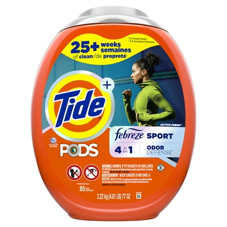Tide Pods Liquid Laundry Detergent Soap Pacs, 4-n-1 with Febreze, HE Compatible, 85 Count, Fights even week old Odors, Sport Odor Defense