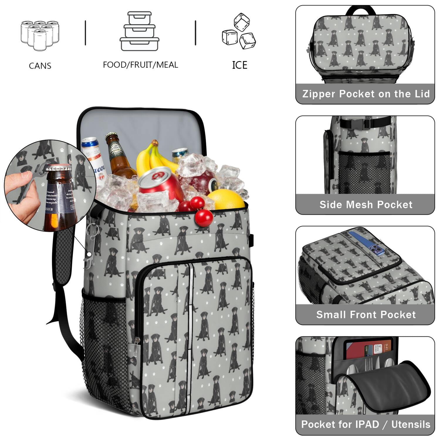 Travel Cooler Bag - Black Labrador Camping Beer Cooler Backpack with Bottle Opener- Waterproof Insulated Picnic Backpacks - Cooler Bag for Beach