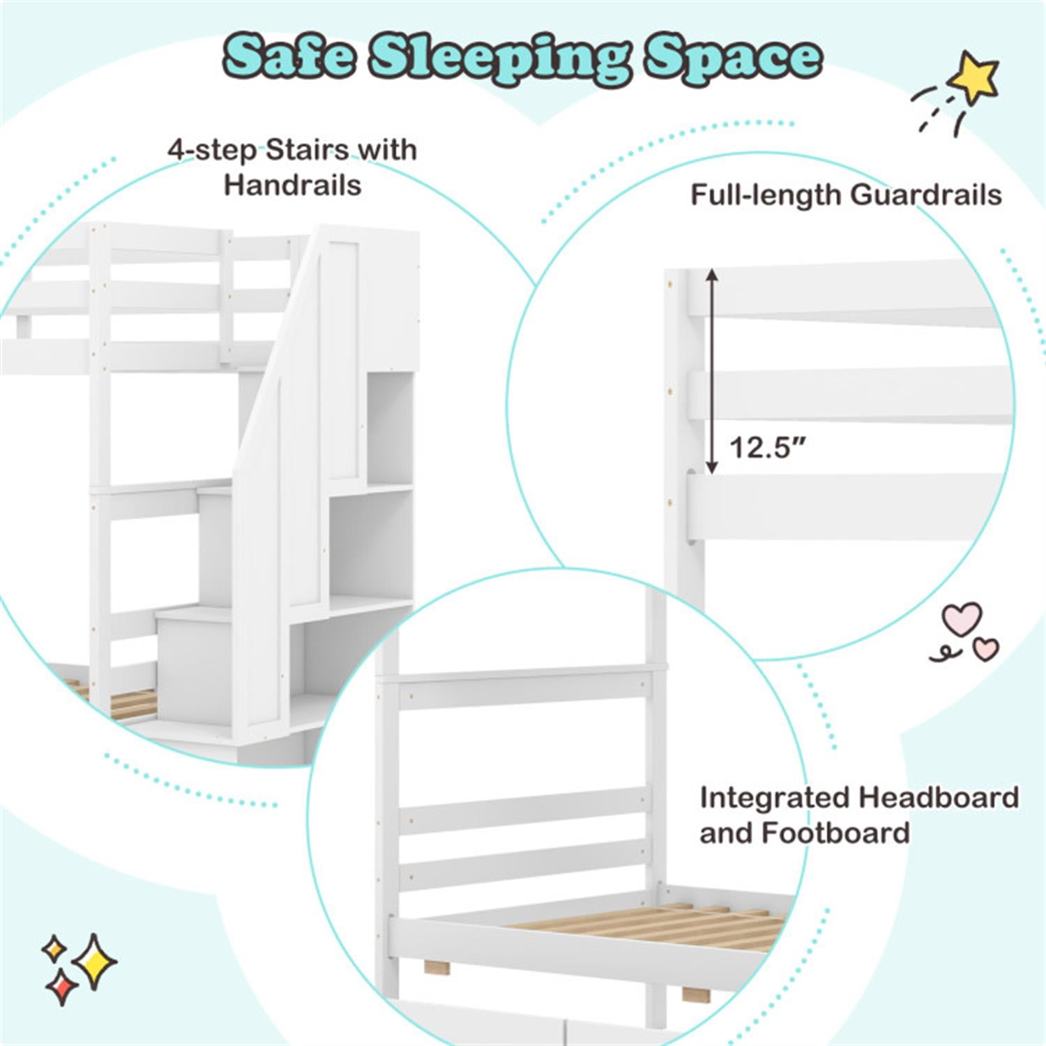 Demi Bonn Twin Over Twin Bunk Bed with Storage Stairs and Drawers, Solid Wood Bunkbeds Frame for Bedroom, No Box Spring Needed, White