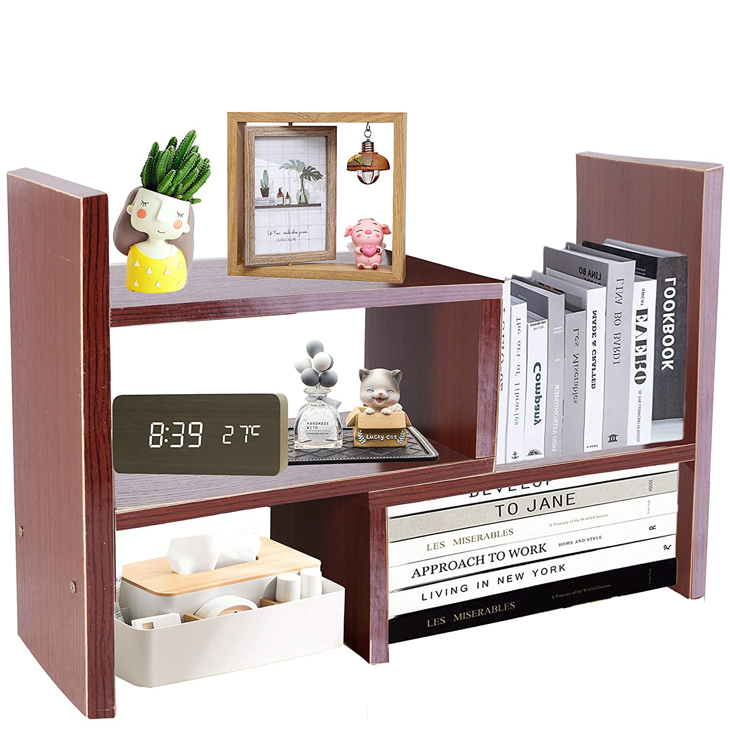 Desk Storage Organizer Bamboo Adjustable Desktop Display Shelf Rack Bookshelf US 