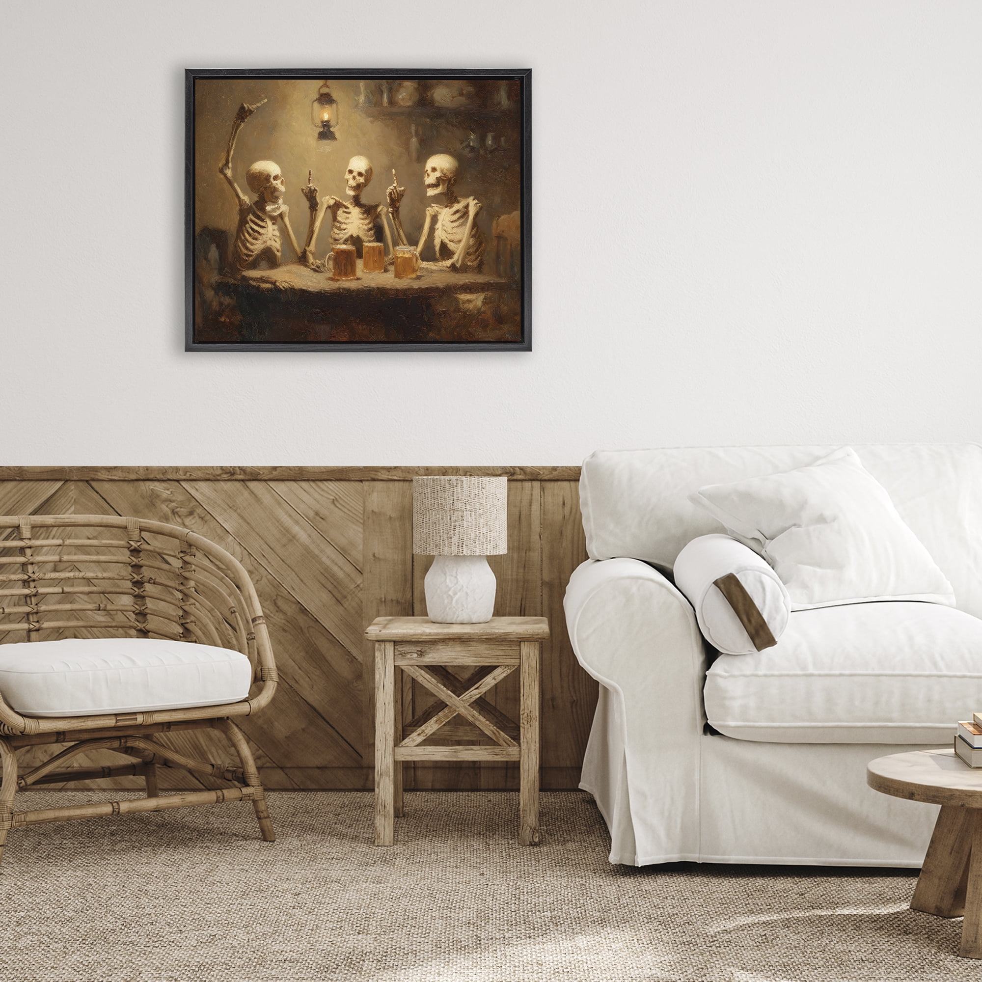 Skeletons Drinking at Tavern Black Framed Floater Canvas Wall Art, design by Arlington Prints