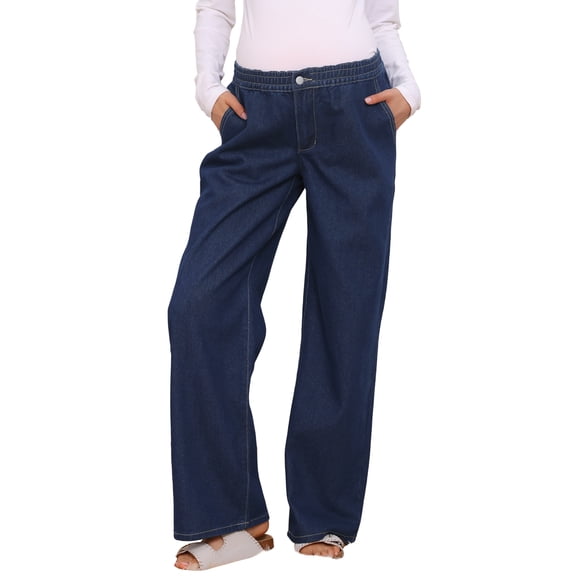 DARING DIVA Women's Maternity Wide Leg Loose Middle Waist Denim Pants S Deep Blue