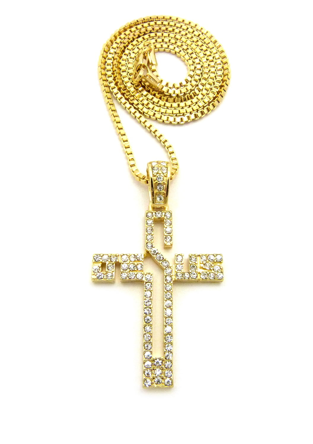 Stone Stud Jesus Name in Cross Pendant with Gold-Tone Chain Necklace ...