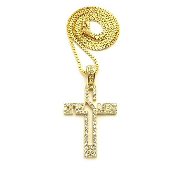 Stone Stud Jesus Name in Cross Pendant with Gold-Tone Chain Necklace - 2mm 24" Box Chain