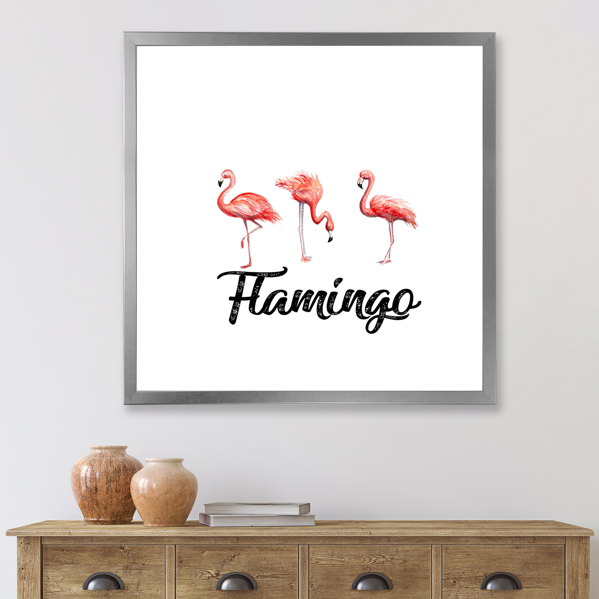 Designart 'Three Flamingos On White' Farmhouse Framed Art Print