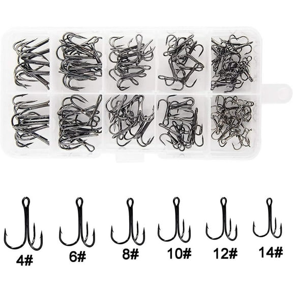 Fishing Treble Hooks Kit High Carbon Steel Hooks 110pcs/box Strong Sharp Round Bend for Lures Baits Saltwater Fishing Mixed 6 Size 4 6 8 10 12 14