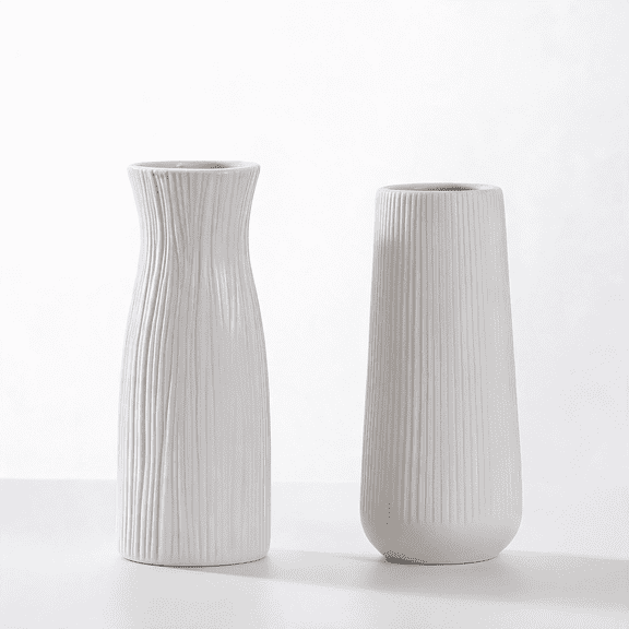 Set of 2 White Vertical Ribbed Ceramic Vases, 8-Inch Small Fluted Flower Vases for Home Decor