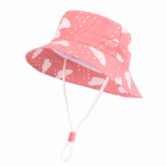 Kids' Cloud & Rain Print Sun Bucket Hat, Wide Brim with Breathable Mesh and Adjustable Chin Strap for Summer, 3-12 Years Pink 2-4Y