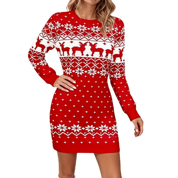Fiaer Women's Cute Christmas Sweater Dress Long Sleeve Crew Neck Reindeer Floral Printed Oversized Pullover Tunic Tops Red XL