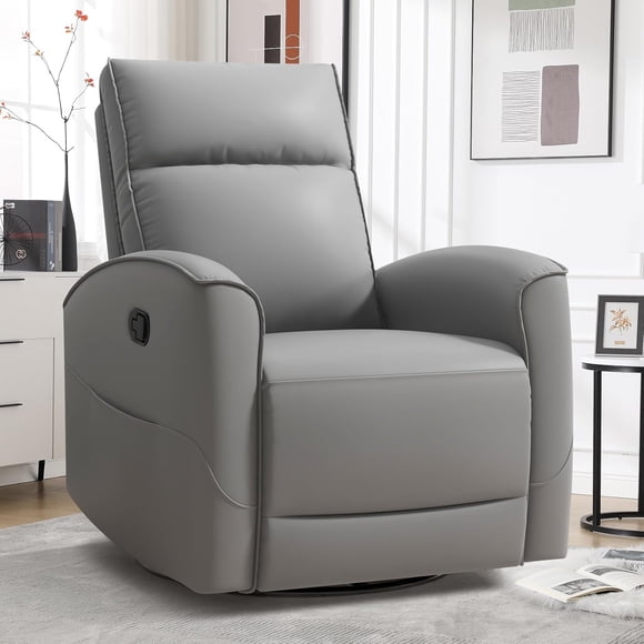 Bonzy Home Swivel Rocker Recliner Chair, Manual Faux Leather Glider Rocking Recliners for Adults, 360° Swivel Nursery Reclining Sofa with Storage Pocket, Grey