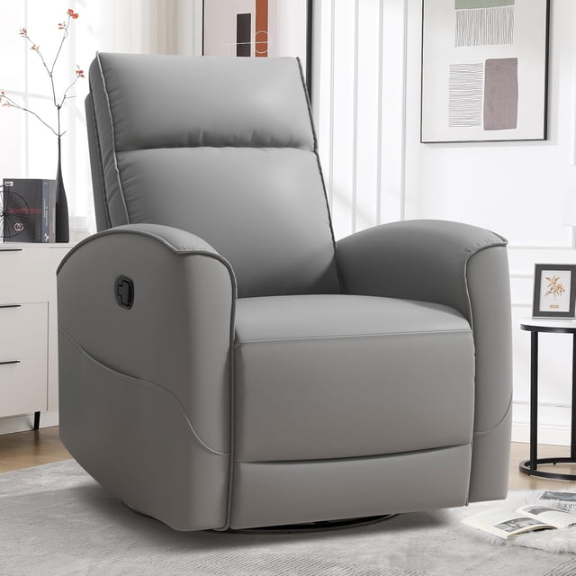 Bonzy Home Swivel Rocker Recliner Chair, Manual Faux Leather Glider Rocking Recliners for Adults, 360° Swivel Nursery Reclining Sofa with Storage Pocket, Grey