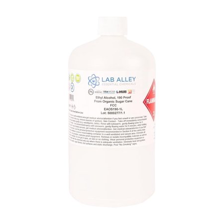 Ethanol 190 Proof (95%) Certified Organic/Vegan Sugar Cane Alcohol, FCC Food Grade-1 Litre
