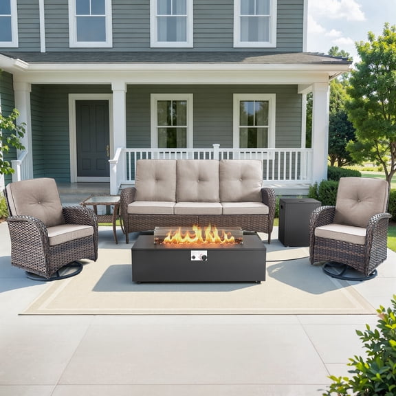 Gymojoy 5 Pieces Patio Furniture Set with 43inch Propane Fire Pit Table, Deep Seating Sofa, 2 Swivel Rocker Glider Chairs and Side Table, Outdoor Conversation Set