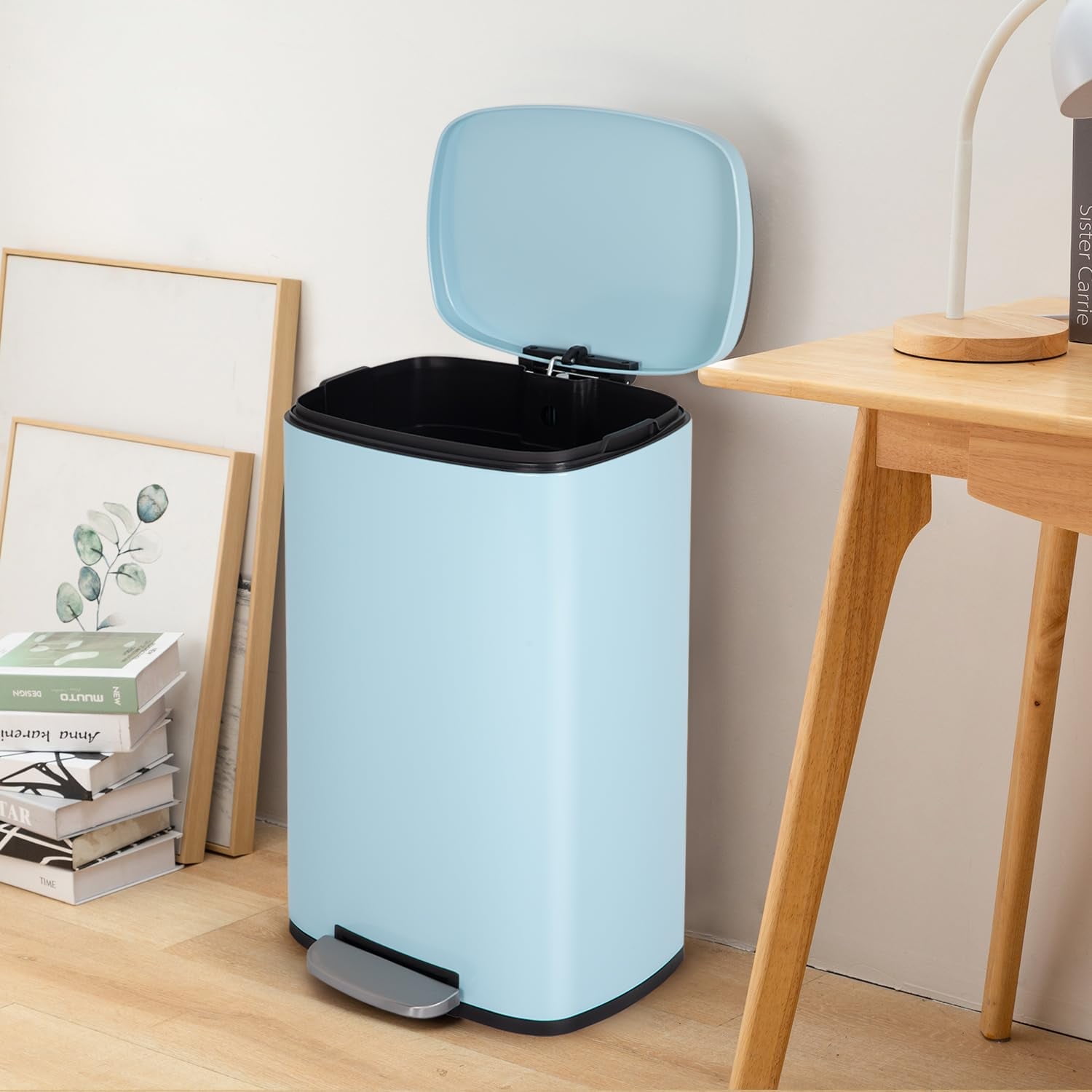 FDW 13 Gallon Stainless Steel Step Kitchen Trash Can with Lid, Fingerprint-Proof for Indoor(Blue)