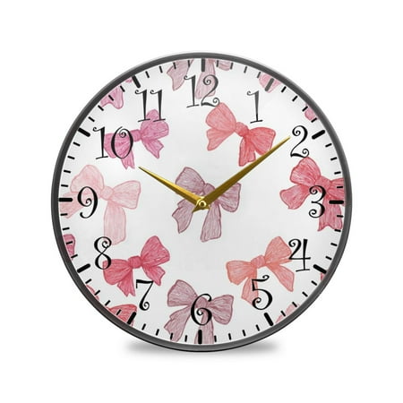 9.5in Acrylic Wall Clock with Glass-like Finish Round Clock for Home Decoration Pink Bows Pattern