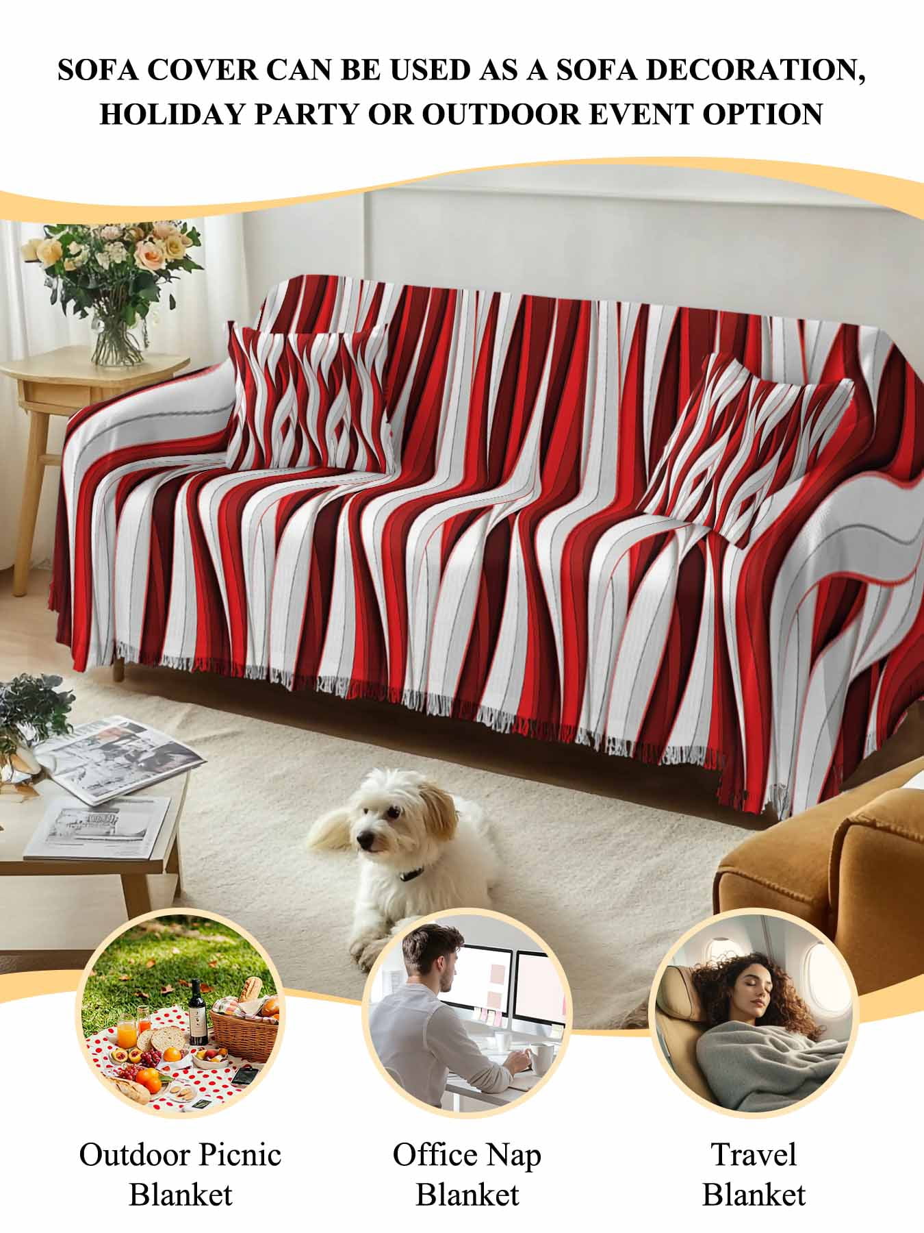 Red White Moire Couch Cover, Modern Abstract Art Oversized Sofa Cover Blanket for 3 Cushion Couch,Sectional Sofa Slipcover Furniture Protector for Living Room Bedroom 71''x150''