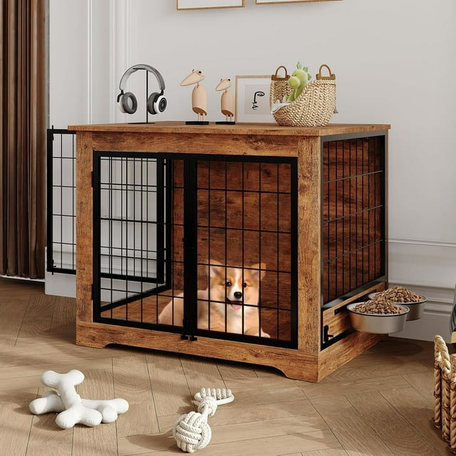 Royalbelle Meuble Cage Rétro Brun de 32 Pouces pour Grands Chiens, Intérieur en Bois