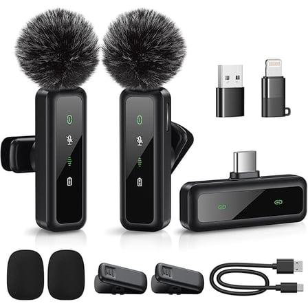 Mini Microphone, Wireless Lavalier Microphone for iPhone, iPad, Android, 2-Pack Mini Mic with Noise Reduction, Auto Pairing and Mute & Reverb for Vlogging, Video Recording, Live Streaming, Interview