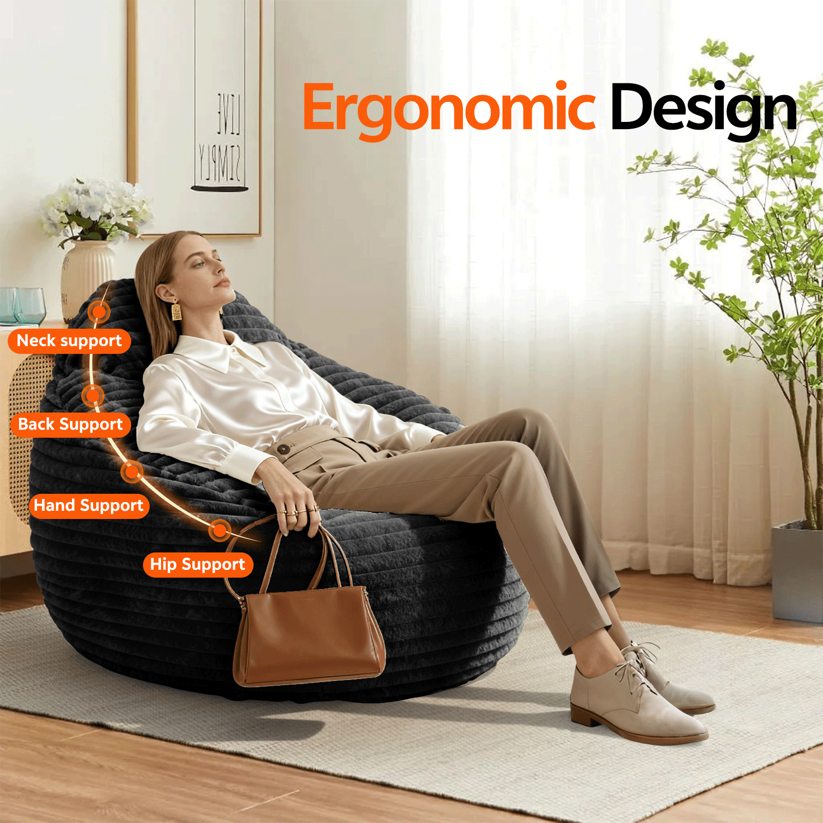 Oversized Bean Bag Chair, Beanbag for Adults, Comfy Refillable Single Sofa for Living Room, Bedroom, Dorm, Black