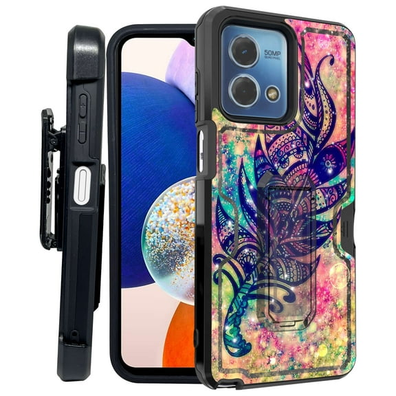 ANJ  Rugged Shockproof Kickstand Hybrid Case with Card Slot and Holster   Tempered Glass Cover for Motorola Moto G Stylus 5G (2023) - Tribal Dream Leaf