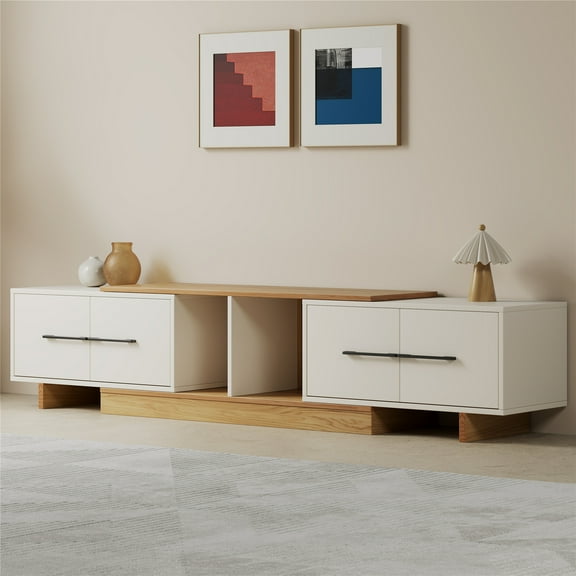 siu want Extendable TV Stand for 50-100 Inch TVs, Modern Media Console with 4 Cabinets & 2 Shelves, White and Wood Entertainment Center (74.8-102.4 Inch)
