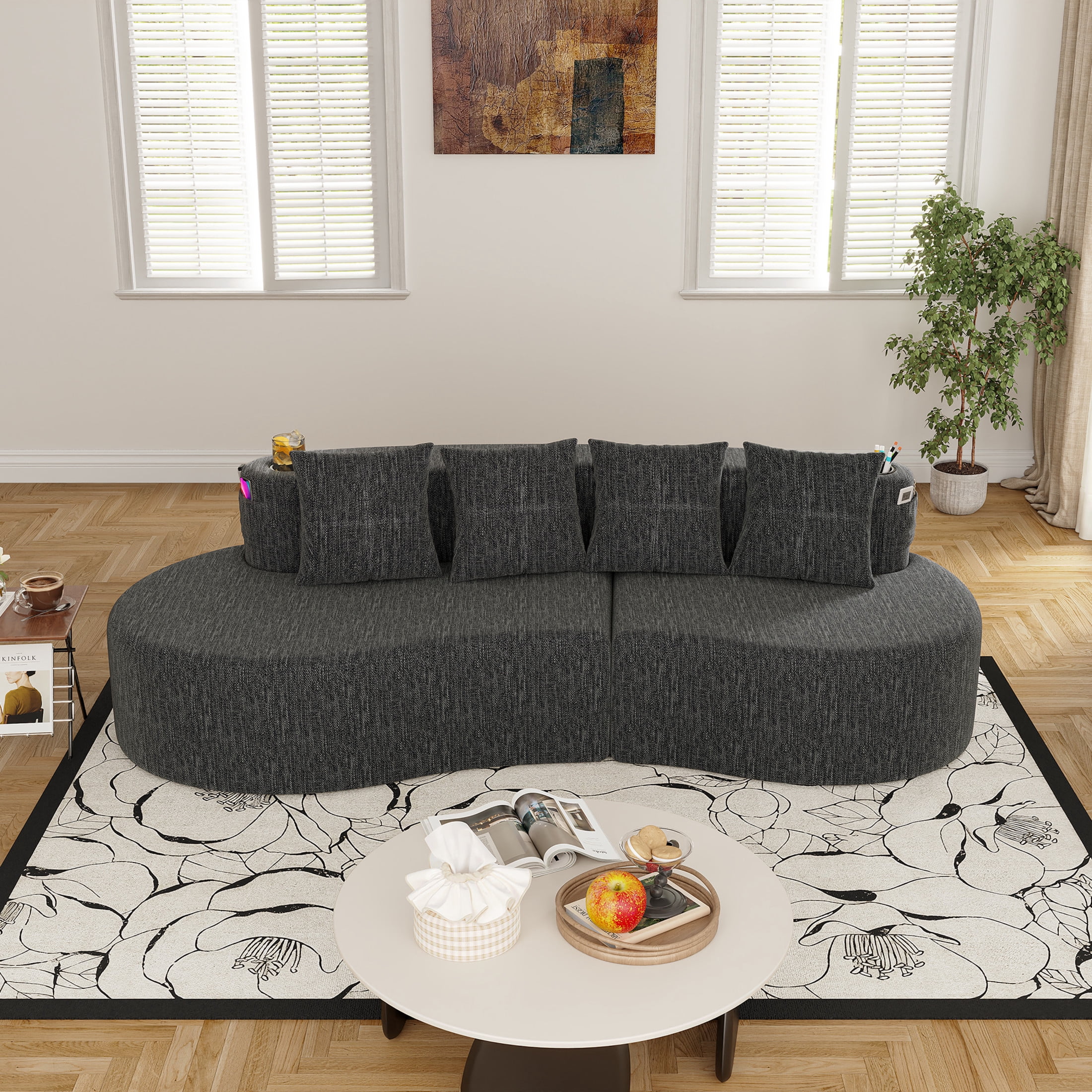 Noble House 3-Seat Curved Chenille Sectional Sofa, Modular Half Moon Couch, Dark Gray