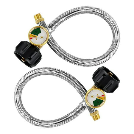 

15 Inch RV Propane Hose Pigtail with Gauge for 5-40Lb Tanks - Stainless Braided Propane Hose Quick Connect
