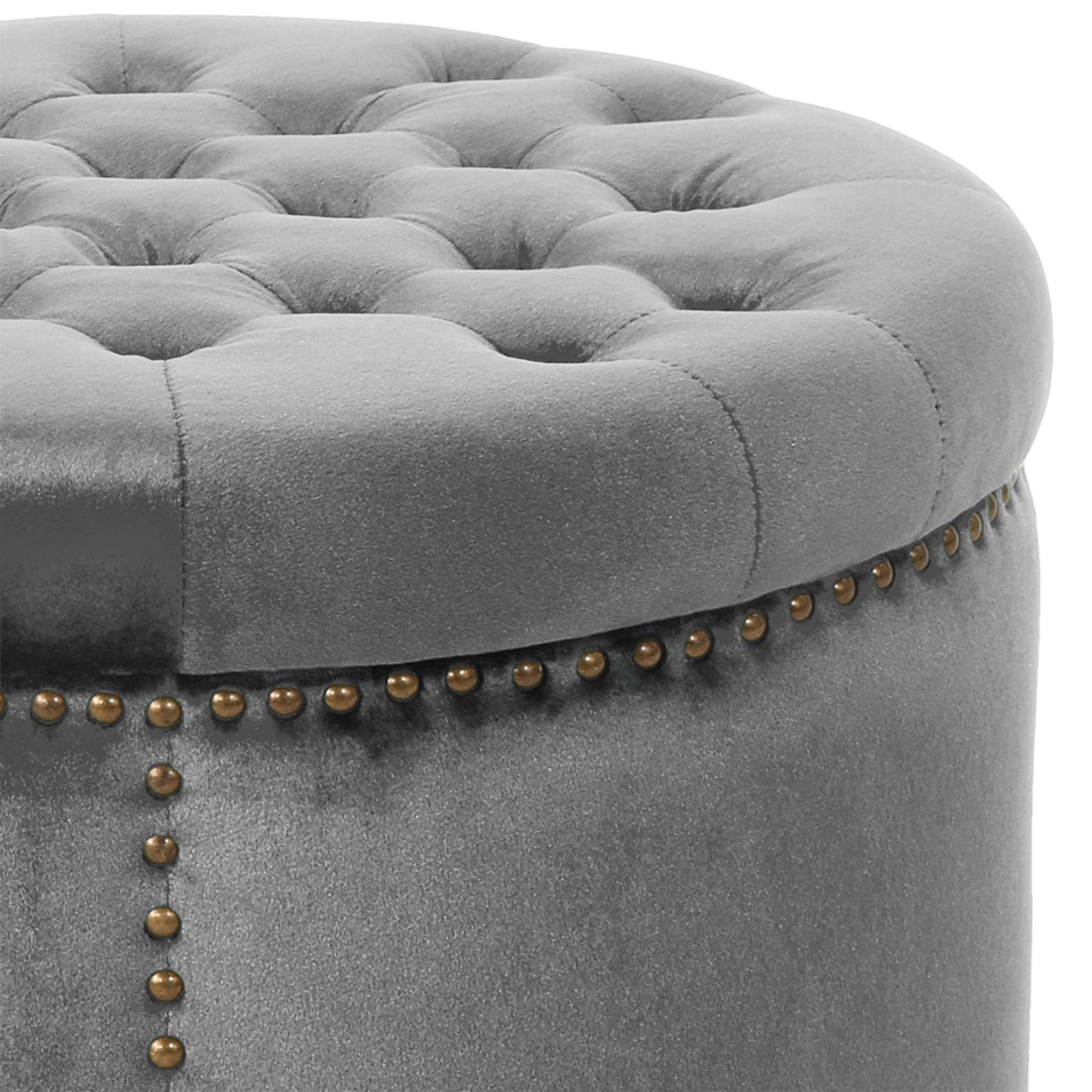 Leavitt Luxurious Emerald Velvet Round Ottoman with Studded Rim, Grey