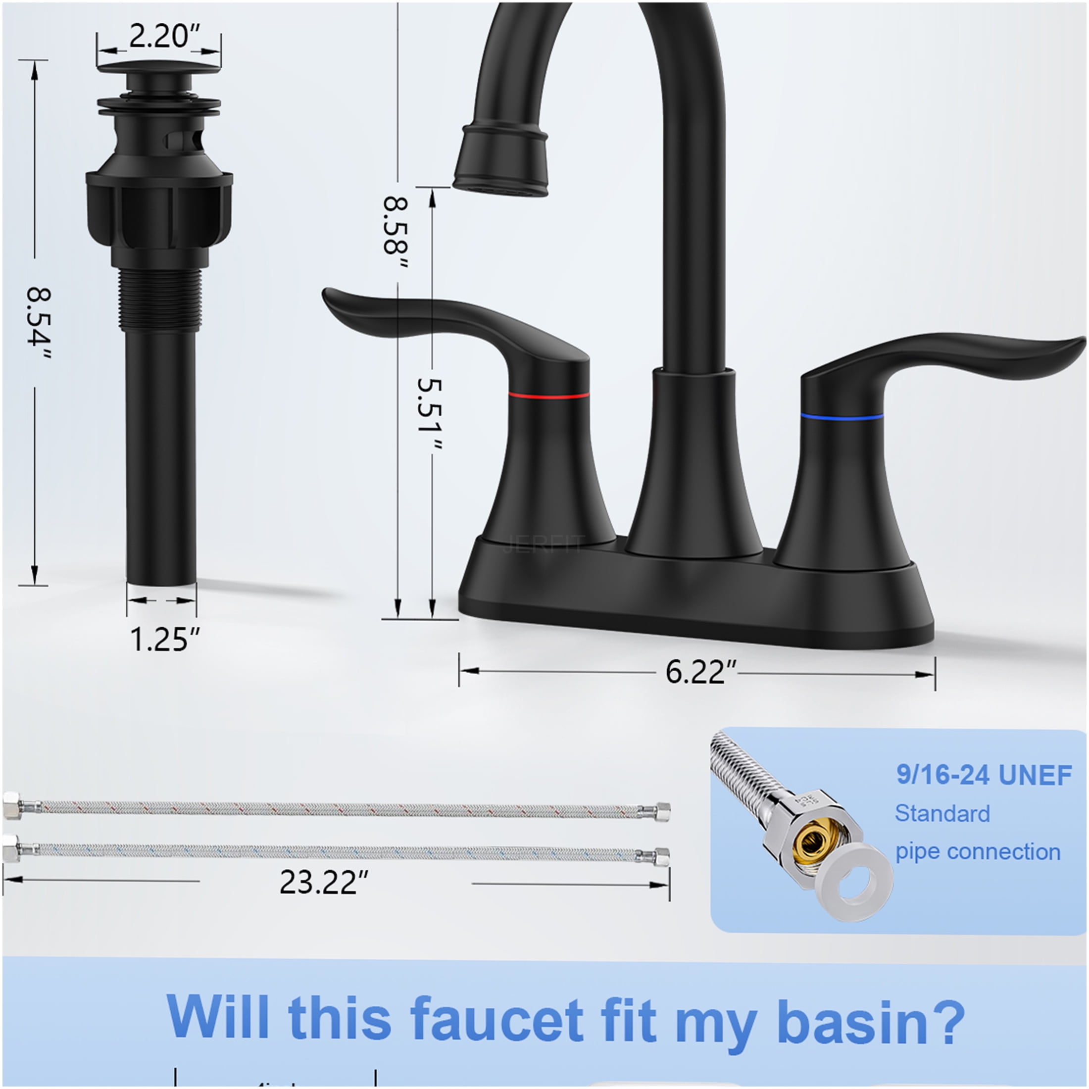 JERFIT 4" Centerset Bathroom Sink Faucet, 2-Handle High Arc Matte Black Vanity Faucet with Pop-Up Drain, Water Saving Deck Mount Brushed Nickel Finish