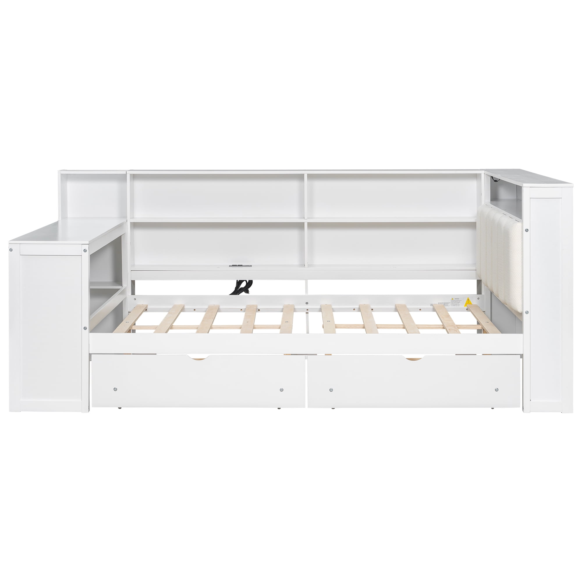 Euroco Wood Full Size Daybed with Desk and Shelves, Captain Bed with Upholstered Headboard, LED Light and USB Charging, White