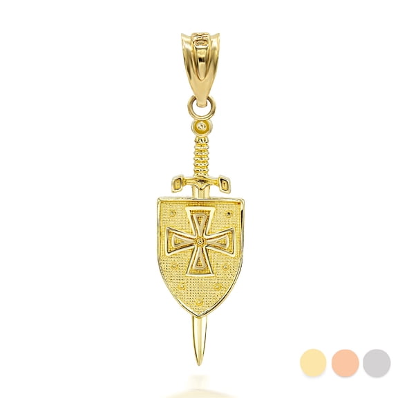 Solid Gold 3D Saint Michael Sword & Shield Cross (10K Yellow Gold, Pendant)