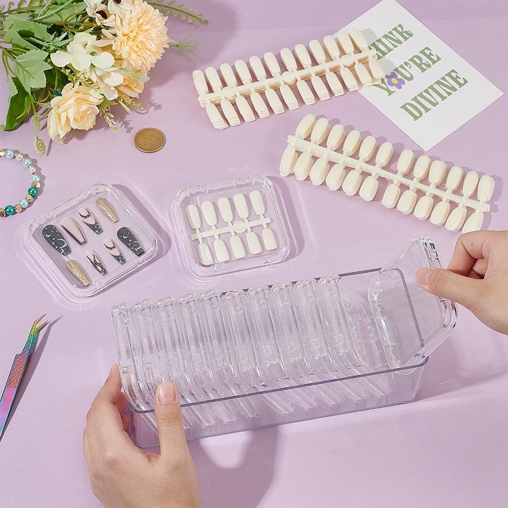 12pcs Clear Press on Nail Boxes Transparent Artificial Nail Packaging Cases Display Storage Box with 240pcs Plastic False Nail for Nail Art Practice Salon Manicure Craft