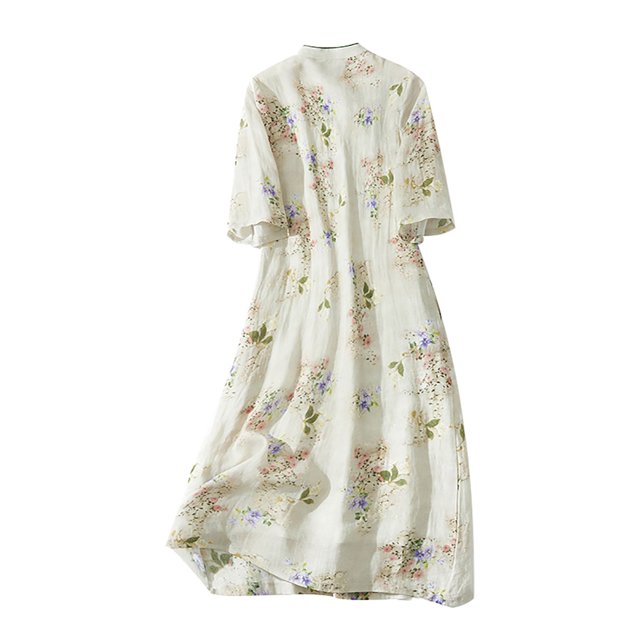 Robe Femme Manches Longues Robe Formelle plus Robe Haut de Gamme en Lin Rétro Cheongsam avec Design Unique Vêtements Adultes Femme Beige Taille TTG