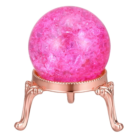 Crystal Ball 40mm, Ice Cracked Glass Ball with Metal Stand, Decorative Crystal Sphere Glass Paperweight for Home Wedding Office Party Table Decor, Pink/Rose Gold