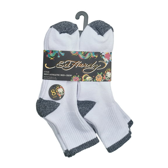 Ed Hardy Mens 10-13 Athletic 8 Pack Half Cushion Mid Crew Sock