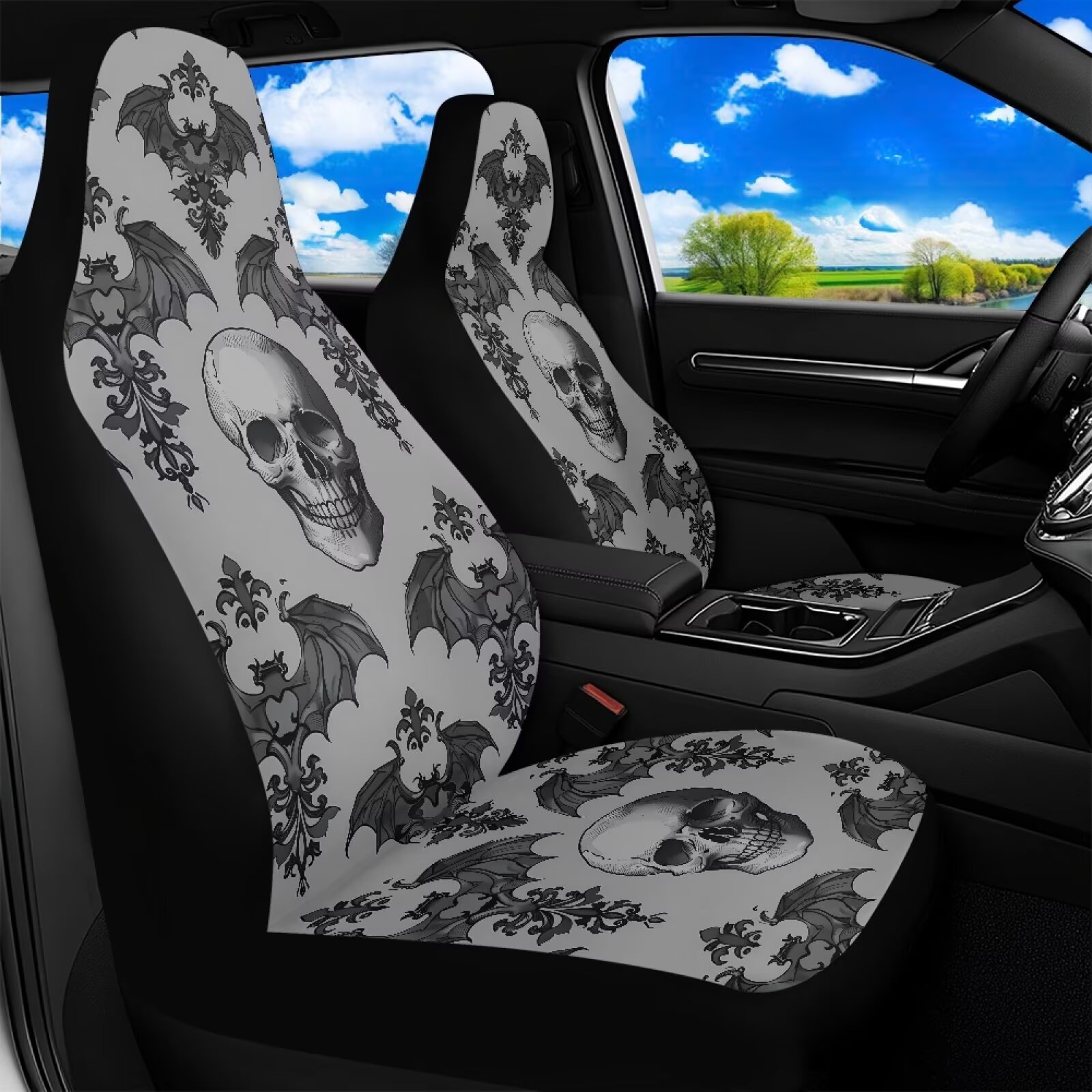 Binienty Skull Front Seat Covers for Cars Waterproof Grey Bats Automotive Seat Covers & Accessories for SUV Truck Sedan Van, Airbag Compatible Vehicle Bucket Cushion Cover, 2 Pack
