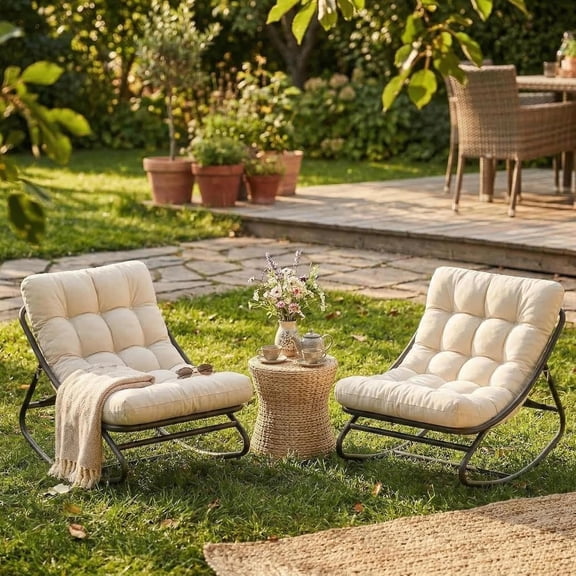 IdealHouse Rocking Papasan Chair 2 PCS, Outdoor Rocker Chair with Thick Waterproof Cushion, 300lbs Heavy Duty Metal Patio Rocking Chair for Garden, Porch, Nursery, Silla Mecedora para Adulto-Beige