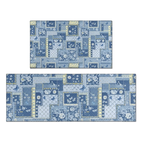 Pioneer Flower Floral Print Pattern Kitchen Rugs Sets Of 2, Anti Fatigue Non Slip Washable Floor Mats for Kitchen Sink Laundry, 17X30 Inch 17X47 Inch